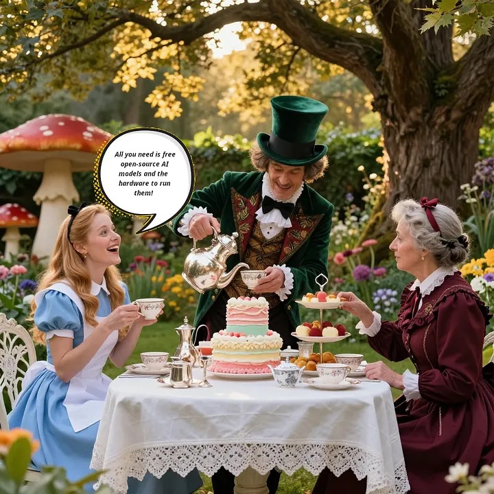 Alice at a garden tea party saying all you need is free open-source AI models and the hardware to run them