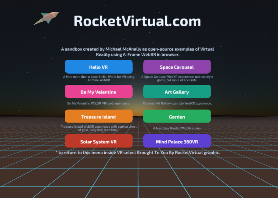RocketVirtual.com — a menu of open-source WebXR experiences