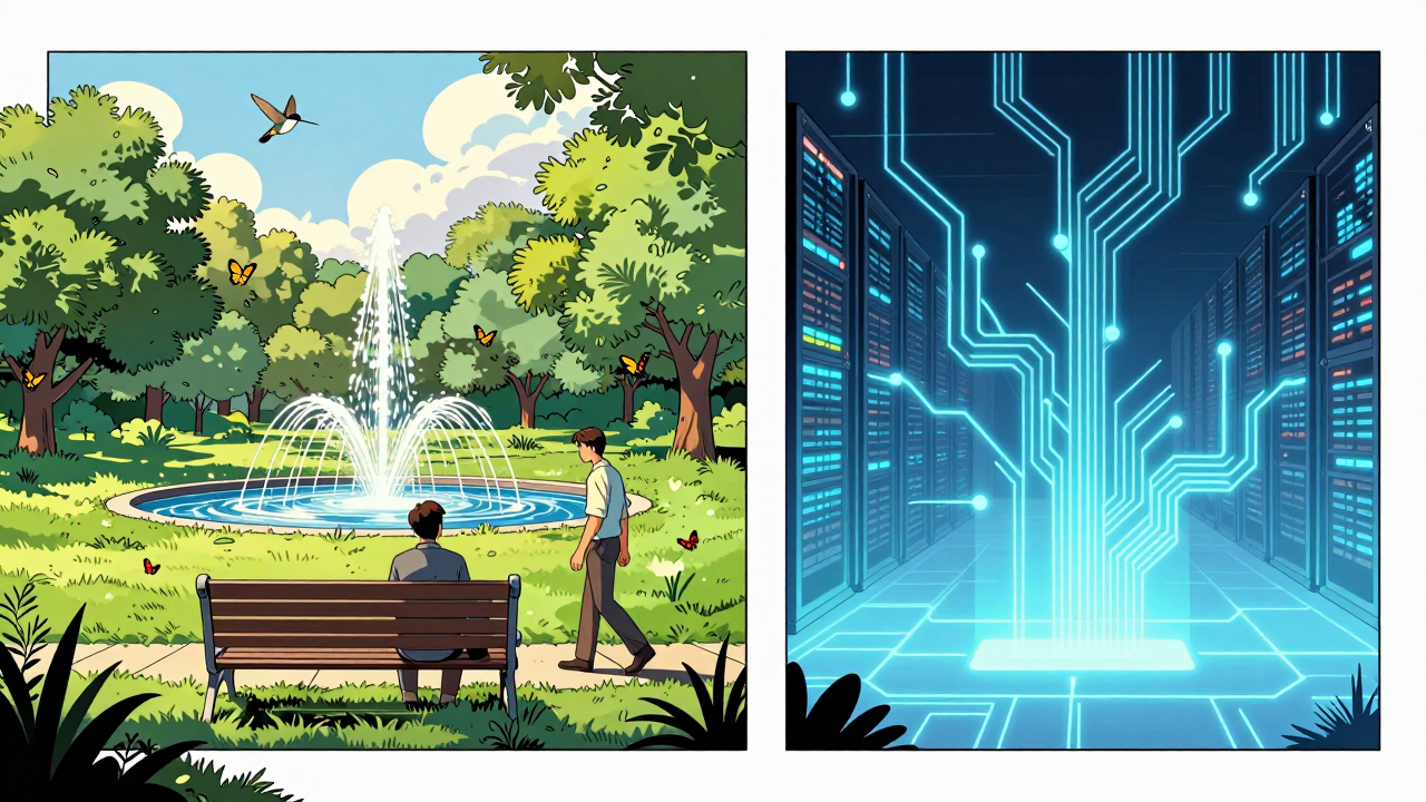A serene sunlit park with green grass, fountains, hummingbirds, butterflies and squirrels, where a man wakes on a bench as another figure walks toward him; faint circuit-like neural traceries of violet light are woven into the sky and foliage.