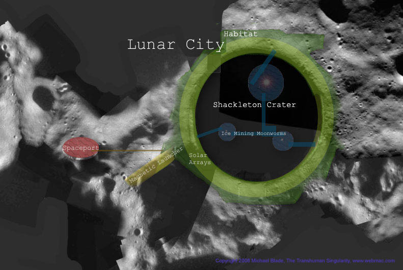 Map of Lunar City around Shackleton Crater, showing the Spaceport, Magnetic Launcher, Solar Arrays, Ice Mining Moonworms, and Habitat ring